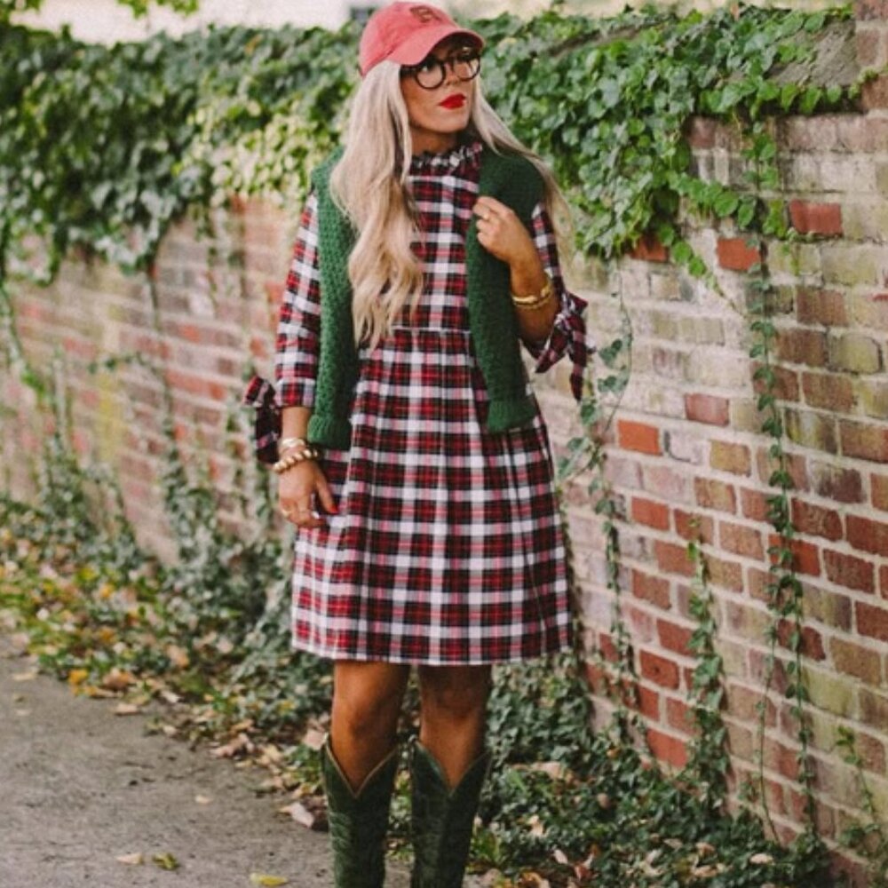 Plaid Long Sleeve Dress with Green Accents